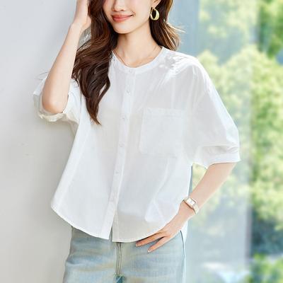 White Blouse for Womens Short-sleeved Summer Latest Relaxed Fit Slimming Top Korean Round Neck Pure Cotton Blouse