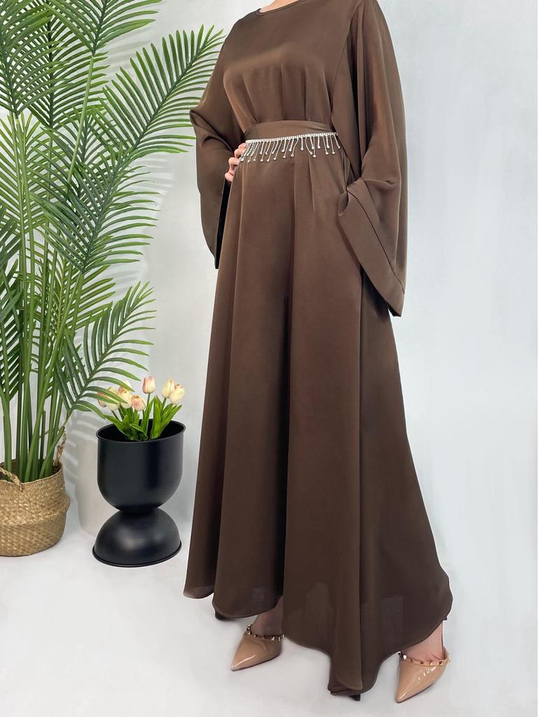 Rhinestone Waist Belt Satin Dress: Elegant Middle Eastern Abaya for Plus Size Women
