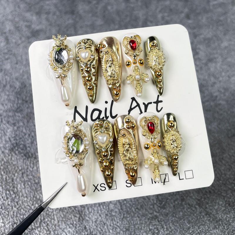 LuxuryStyle Handmade Press-On Nails With Cross Heart Relief Design Long Stiletto Tips Women Small