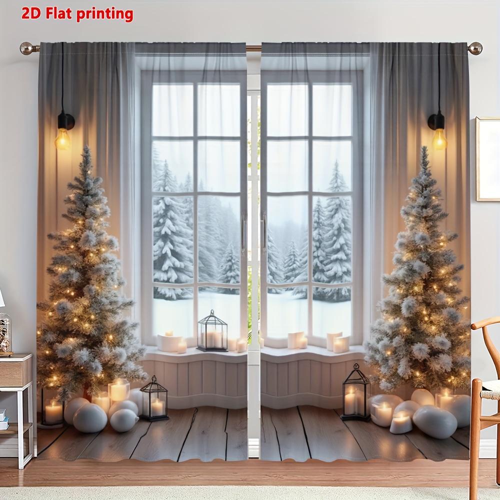 

Set Of 2 Christmas Snowflake Pine Tree Curtains Winter Holiday Decor Living Room Bedroom Kitchen Cozy Festive Ambience Made Polyester Great Window W100*H70(CM)-Hooks&1PCS