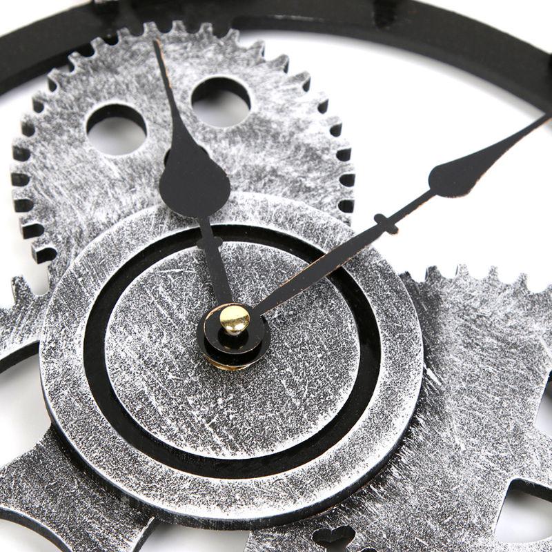 3D Retro Rustic Vintage Wooden Noiseless Steampunk Gear Wall Clock Roman Numerals