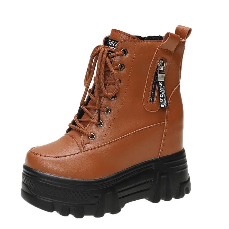 New Women's Thick Soled Ankle Boots 2024 Winter Thick Soled Casual Sports Shoes High Top Leather Lace Up Short Boots