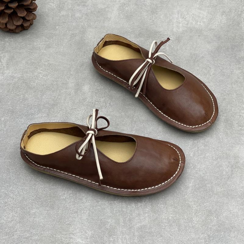 Johnature Handmade Genuine Leather Flat Slippers Round Toe Retro Soft Soled Women's Outdoor Slip-on Shoes