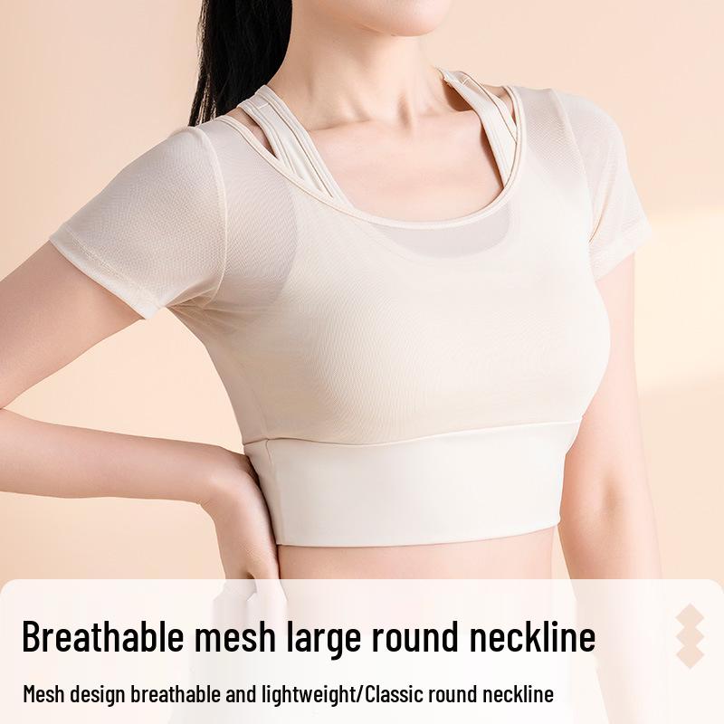 Peach Mesh Two-Piece Yoga Suit: Short Sleeve Racerback Nude Feeling Sports Top for Women