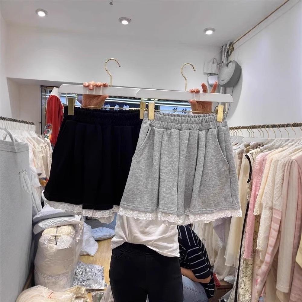 Women's Summer Lace Trim Spliced Wide Leg High Waist Casual Shorts