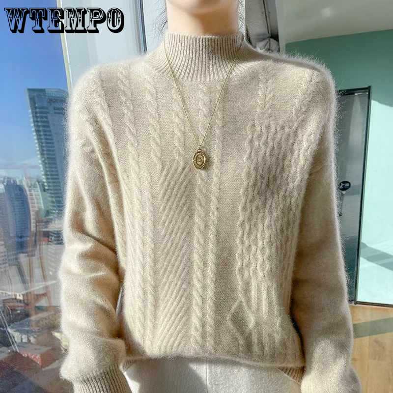 Half High Neck Sweater for Women Slim with Thick Knit Sweater for Warmth Long Sleeved Twisted Flower Pullover for Autumn and Winter