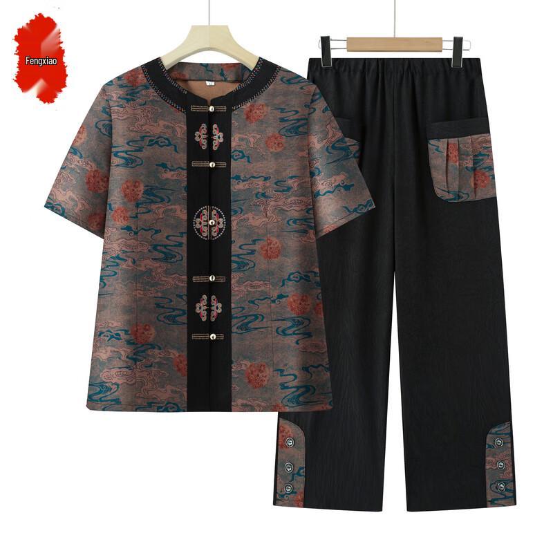 

Комплект из рубашки и брюк в китайском стиле с цветочным принтом для пожилых женщин Fengxiao XL