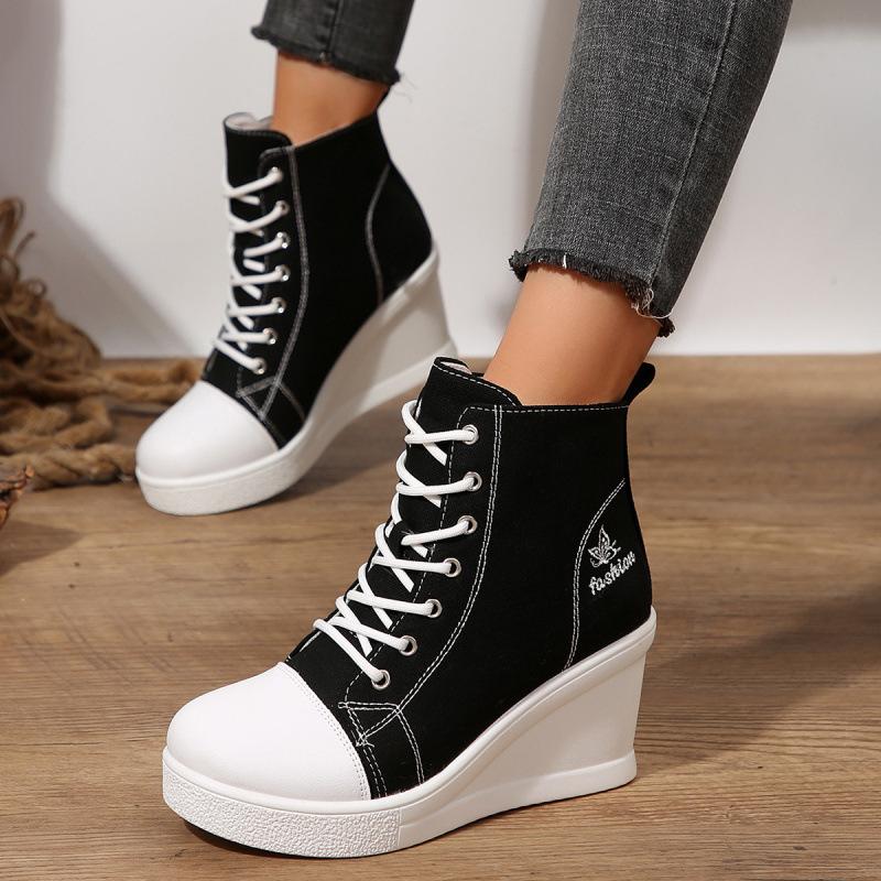 Large size canvas shoes wedge heel lace-up spring new casual high-heeled canvas shoes