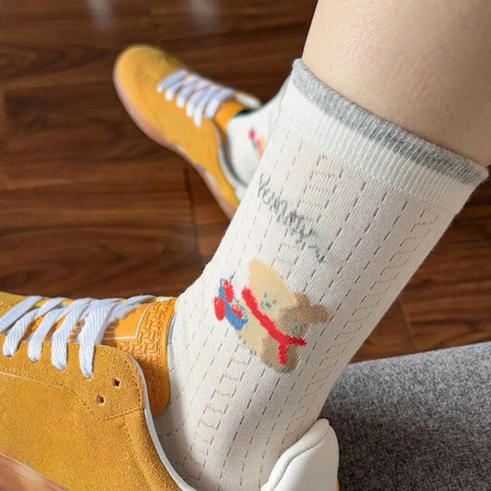 2Pairs Thin Mid-calf Socks Women Dog Summer Tube Socks Elastic Cartoon Cotton Socks  Daily