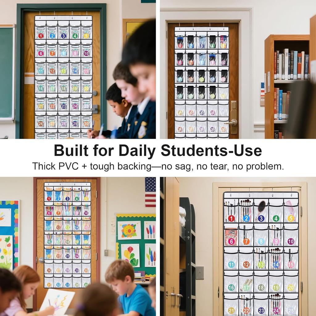 Headphone Storage Classroom,Over The Door Hanging Classroom Headphone Storage with Digital Stickers,35 PVC Clear Organizer Holder Pockets with 4