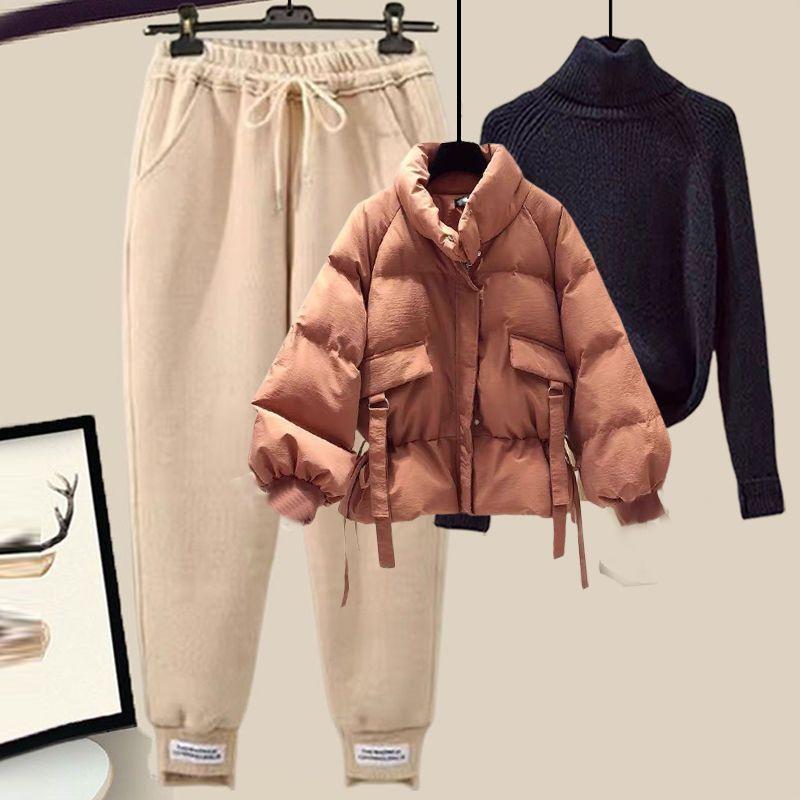 Dámský Módní Třídílný Oblek Zimní Bunda z Prachového Peří s Bavlněnou Výplní, Vatovaná Bunda, Silný Svetr, Ležérní Tepláky