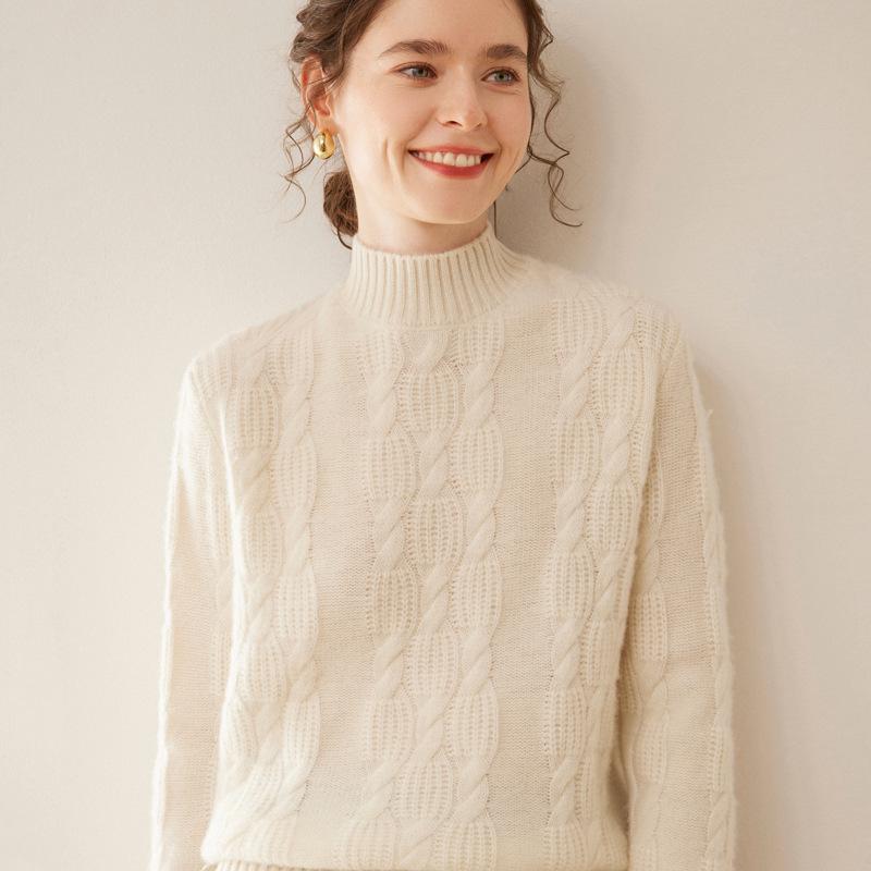 Women's Heavyweight Cashmere Jacquard Sweater - Thick Half-High Neck, Long Sleeve, Winter Knit Pullover