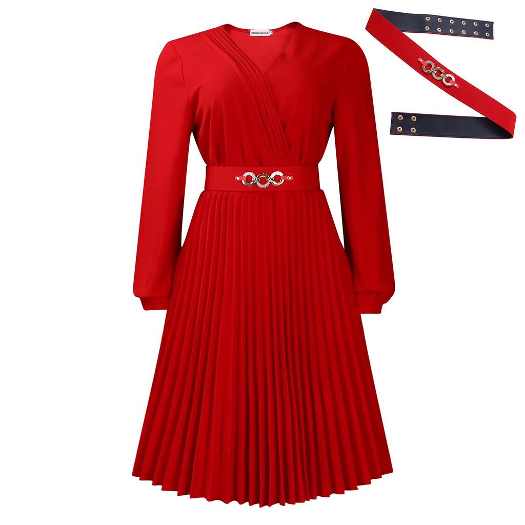Elegantes V-Ausschnitt Plissee Übergröße Einfarbiges Kleid - Europäischer & Amerikanischer Stil
