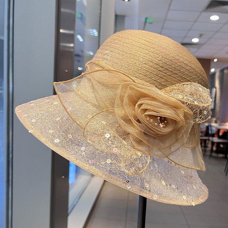 New women's fresh and versatile mesh sequin printed lace flower sun hat vacation travel sun protection