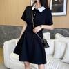 Women's Petite Black Polo Collar Waist-Cinching Dress - 2025 Summer Little Black Dress