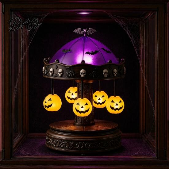 Halloween Tabletop Decor Ghost Carousel Light, Night Gothic Stained Glass Shade Vintage Resin with Floating Ghosts/Pumpkins, Spooky Table Lamp
