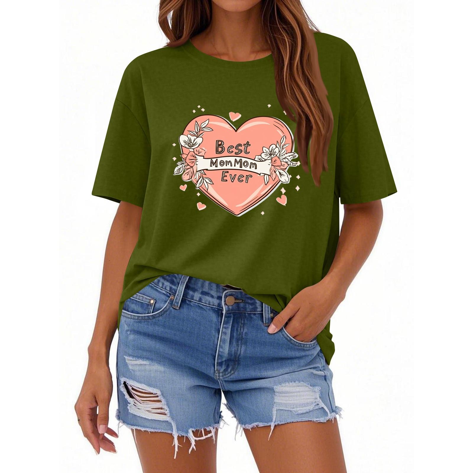 

Женская повседневная свободная футболка с принтом, круглый вырез, пуловер, короткий рукав, топ L армия зеленый