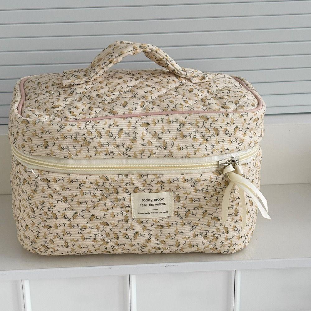 Portable Corduroy Aesthetic Cosmetic Organizer Large Capacity Zipper Floral Makeup Pouch Toiletry Bag Toiletries