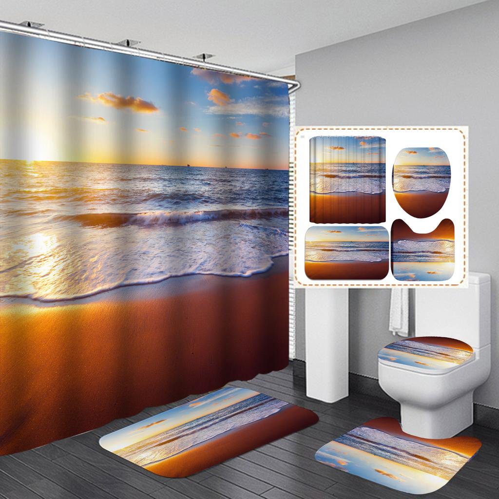 4Pcs Beach Series Shower Curtain Sets for Bathroom Non-Slip Bathroom Rugs Lid Toilet Cover Bath Mat