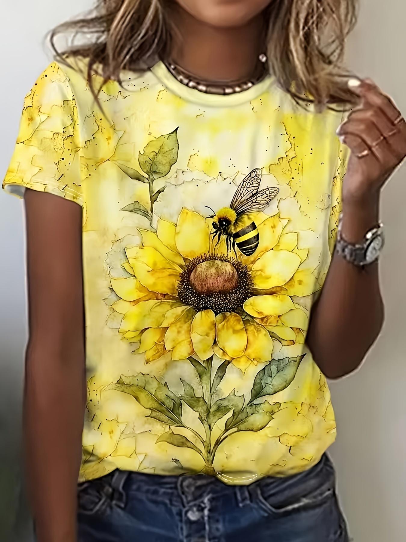 

Summer Round Neck Sunflower and Bee Print Short Sleeve Cas S дубильная кора