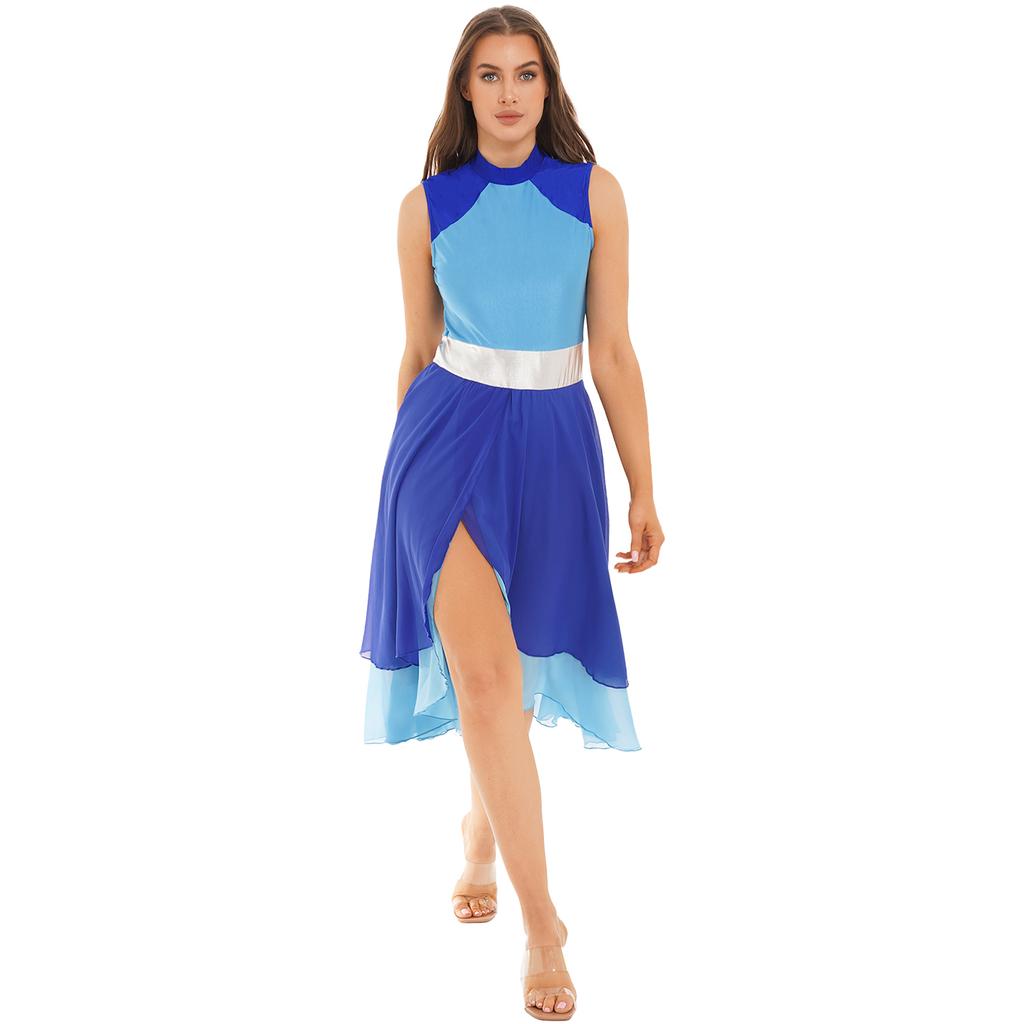Womens Color Block Dance Dress Sleeveless Mock Neck Design Split Asymmetrical Hem Performance Wear