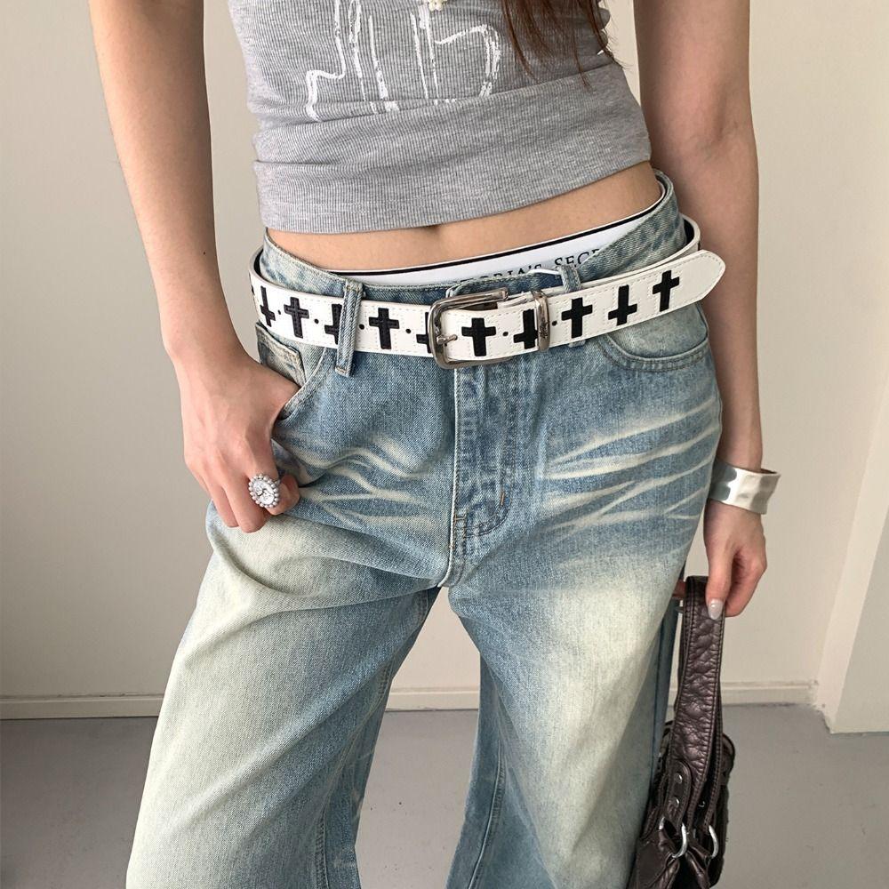 Gothic Punk Belt PU Leather Y2K Belt Fashion Cross Shaped Belt  Jeans Accessories