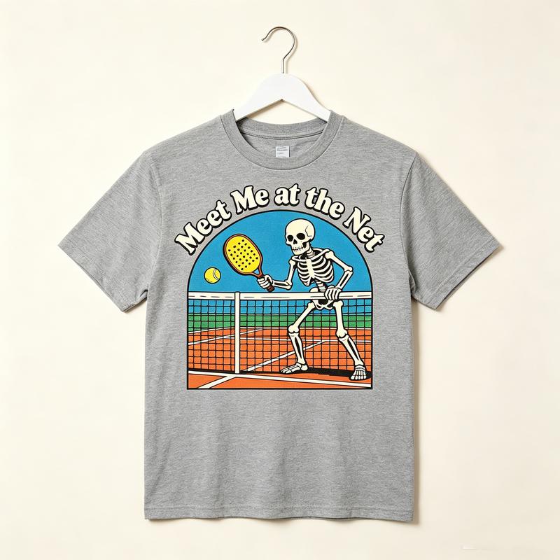 Meet Me at the Net Skeleton Pickleball TShirt Funny Sport Racket Graphic Tee Casual Short Sleeve Shirt Streetwear Player Lover