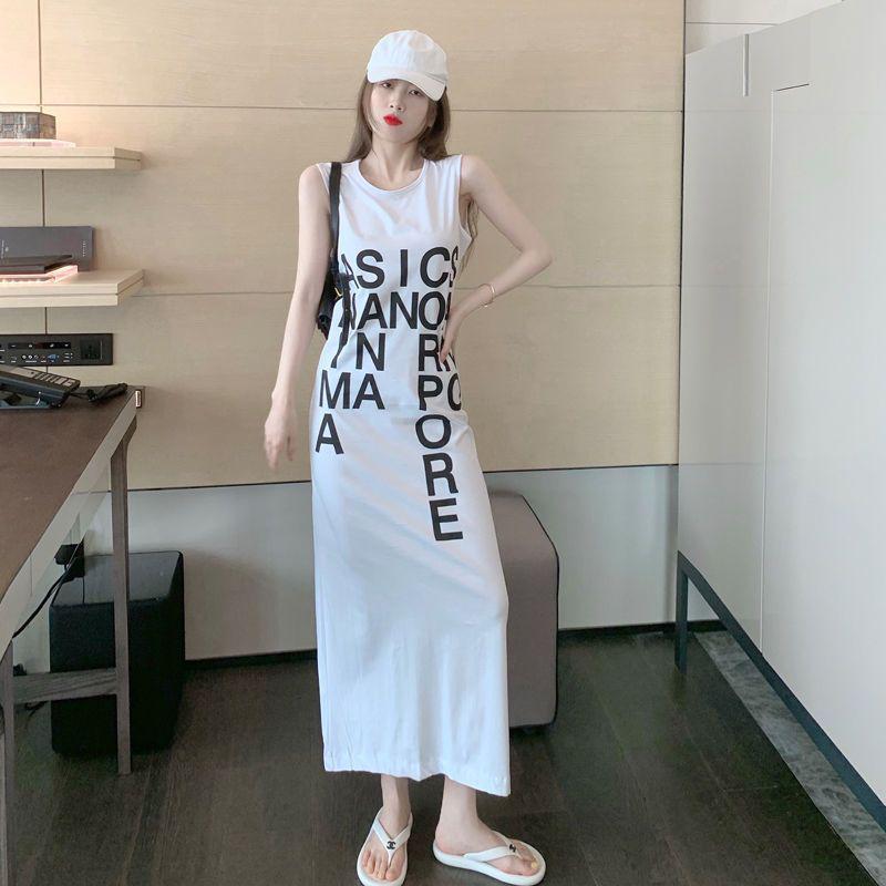 Summer Sleeveless French Letter Split Long Dress - Women's Loose Over-the-Knee Skirt