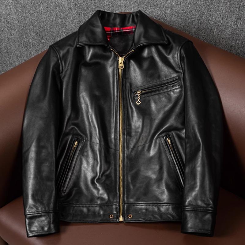 Genuine Horsehide Leather Jacket for Men Slim Fit with Notched Collar Vegetable Tanned Tea Core