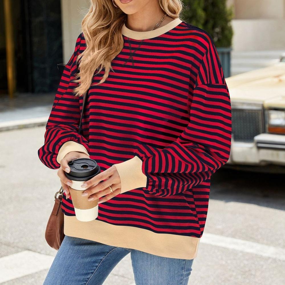 Crew Neck Striped Oversized Sweatshirt Patchwork Stripe Bottoming Shirts  Female