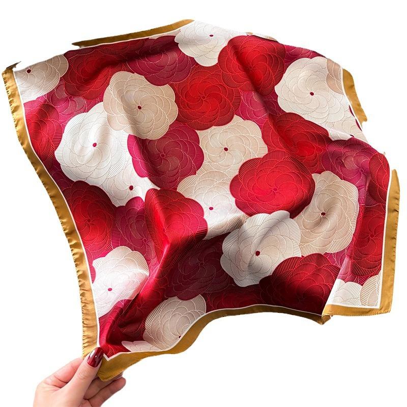 Ladies spring and summer Korean version imitation silk printing small square scarf silk scarf 71cm thin camellia sunscreen new scarf headscarf