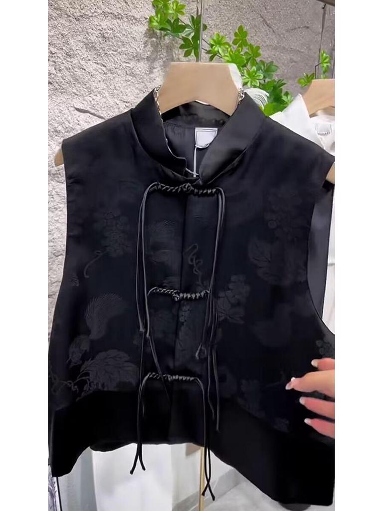 Damen Retro Satin Print Tang Anzug Weste mit Quasten