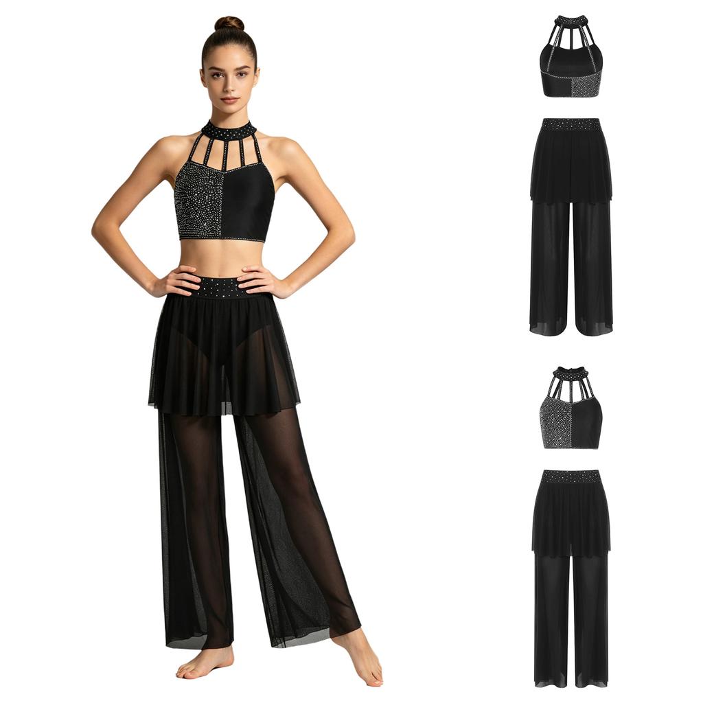 Dámský outfit pro lyrický tanec Crop top s kamínky a zavazováním za krk s průhlednými širokými kalhotami se sukněmi a všitými kalhotkami pro moderní tanec a jevištní vystoupení
