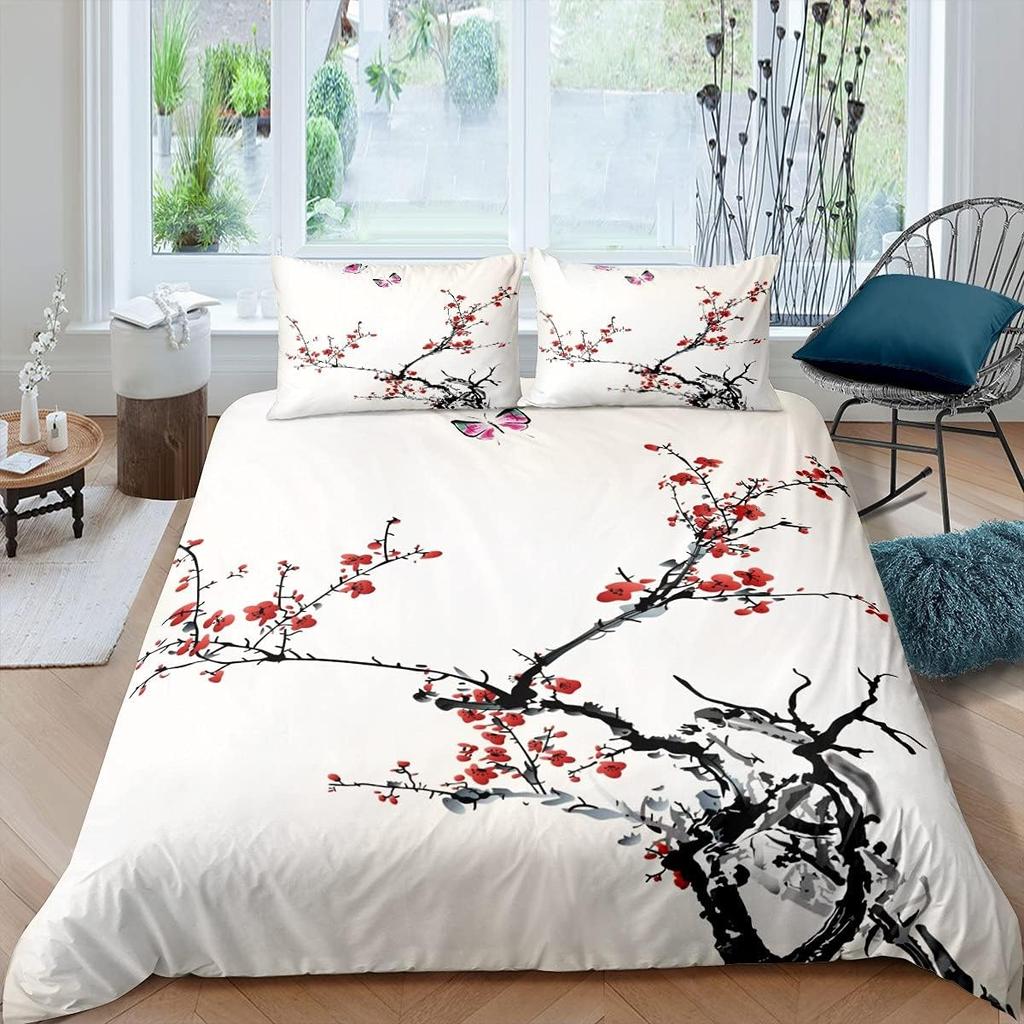 Plum Blosom Floral Soft Duvet Cover Quen King-Sized Dimensionsd Dimensions Ancient Style Red Maple Leaf Natural Scenery Beding Set Rom Decoration 3