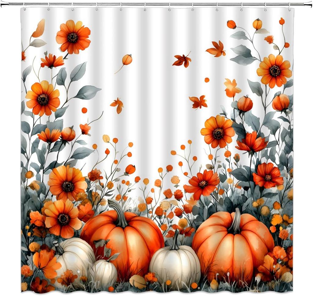 Thanksgiving Pumpkin Shower Curtain Orange Flower Butterfly Fall Pumpkin Watercolor Leaves Rustic Nature Autumn Fabric Bathroom