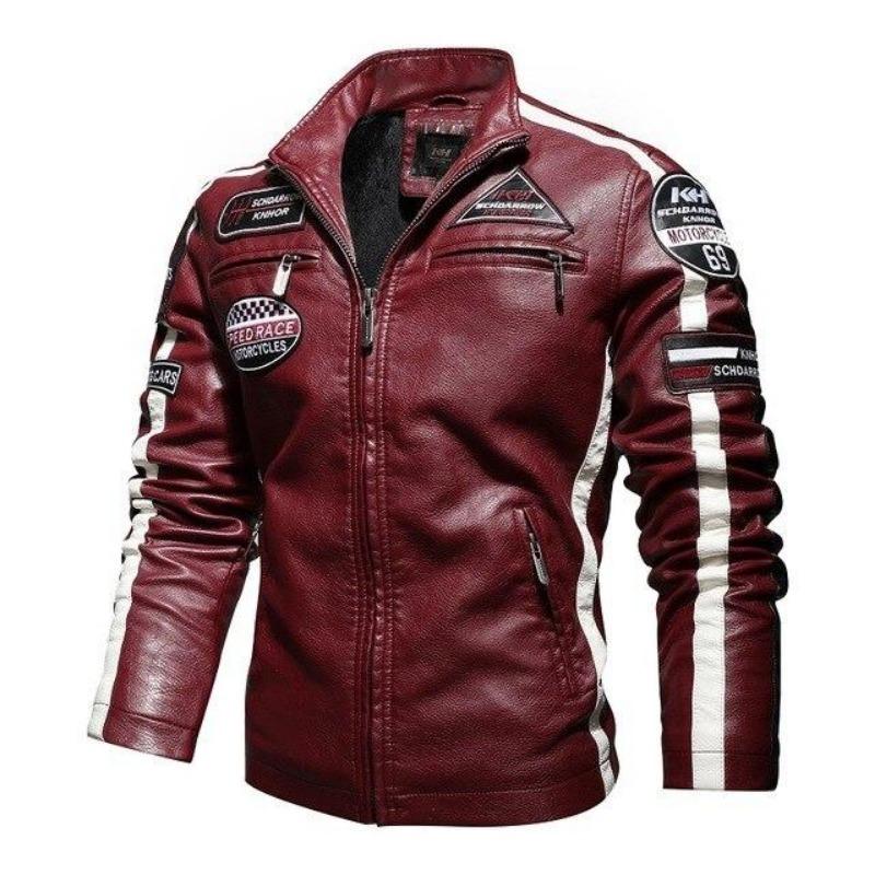 Winter Leather Jacket Men Stand Collar Motorcycle Retro Velour Pu Jackets Embroidery Printing Big Size Mens Zipper Coats