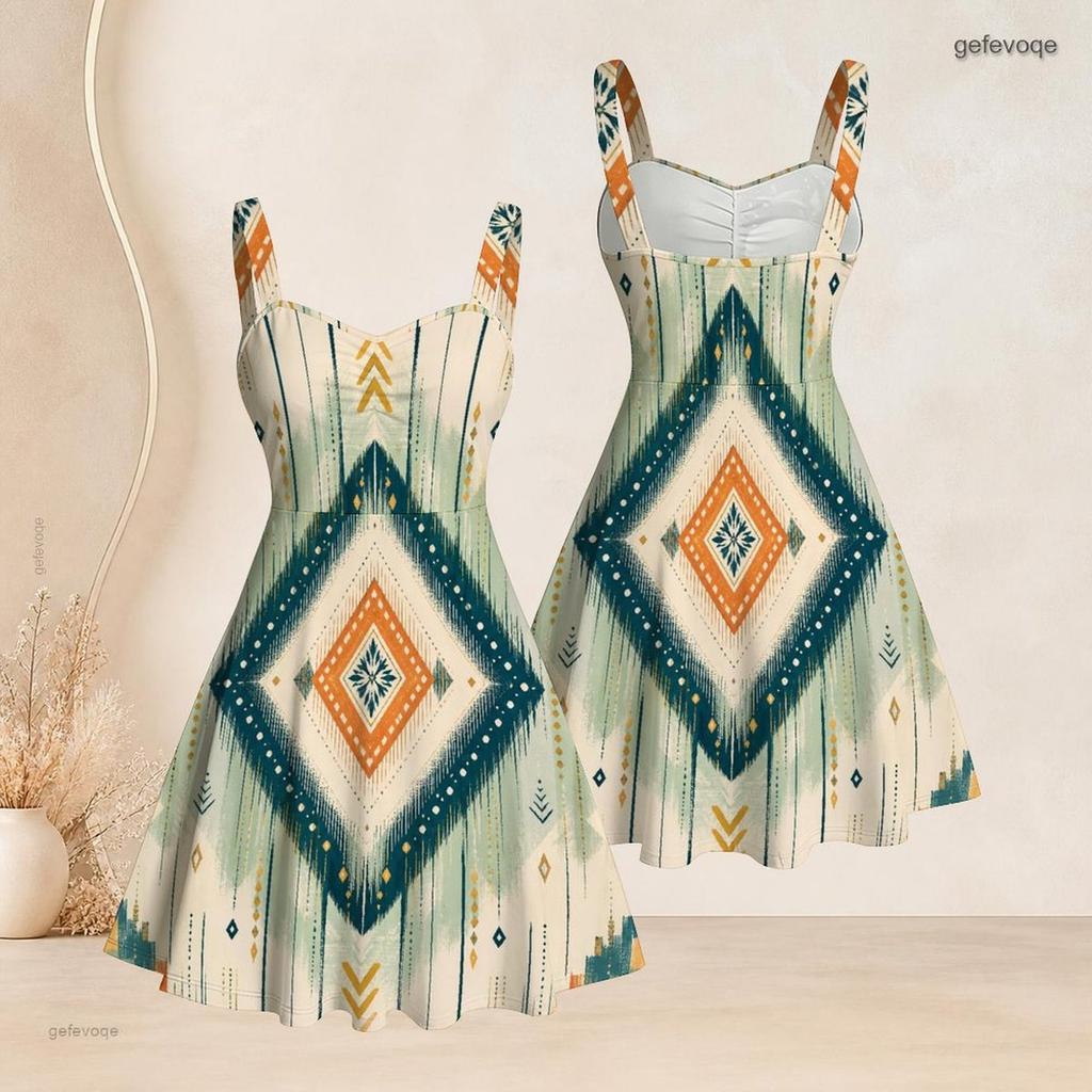 Women S Plus Size Off Shoulder Square Neck Strappy Sleeveless Printed Flared Dress