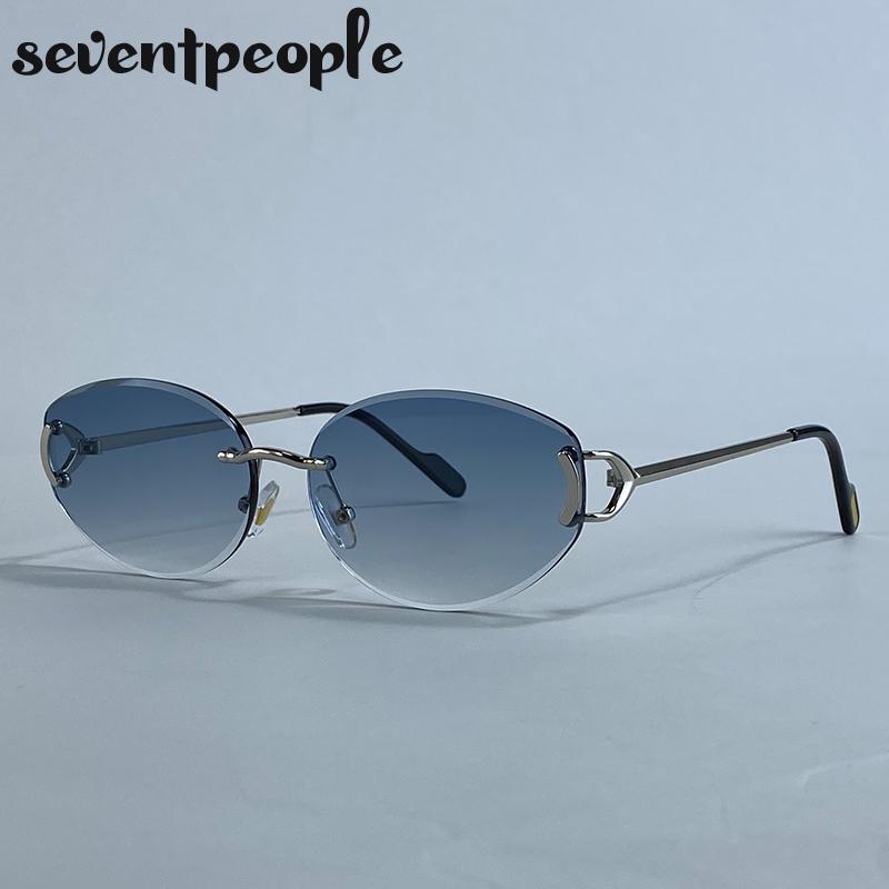 Small Frame Oval Frameless Sunglasses Women  Luxury Brand Vintage Metal Punk Sun Glasses For Ladies Trendy Outdoor Shades