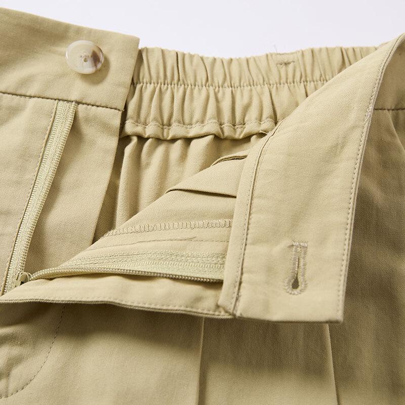 Xiangying Women's Khaki Cotton Retro A-Line Midi Skirt