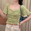 Square Neck Collar Collarbone Pleated Short-sleeved Knit Sweater Women Summer Retro Short Sweet Top T-shirt Casual Essential Slim Fit Pullovers Tees
