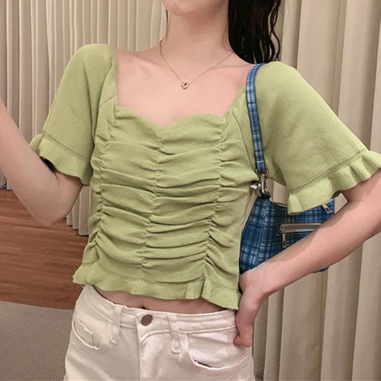 Square Neck Collar Collarbone Pleated Short-sleeved Knit Sweater Women Summer Retro Short Sweet Top T-shirt Casual Essential Slim Fit Pullovers Tees