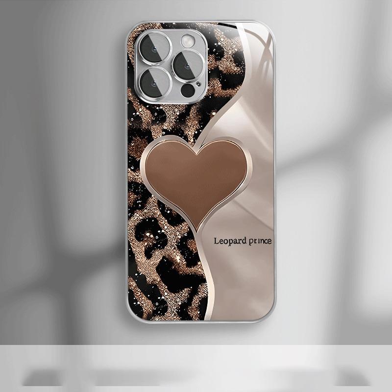 Creative Heart Leopard Print Splicing Electroplated Phone Case For Samsung Galaxy S25 S24 S23 Ultra Plus FE Tempered Glass Cover