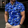Women Short Sleeve Polo Shirt Blue Black White Ocean Camouflage Print Half Zip Lapel Top