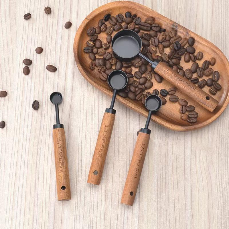 Gold & Black Stainless Steel Measuring Cups and Spoons with Wooden Handles and Scale - Multifunctional Baking & Coffee Spoon Set