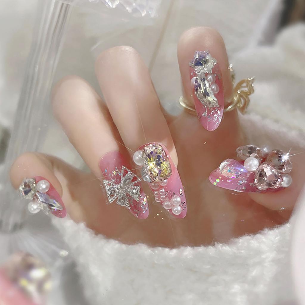 Pink Pointed Head False Nail with Rhinestone Chip-Proof Smudge-Proof Fake Nails for Daily and Parties Wearing