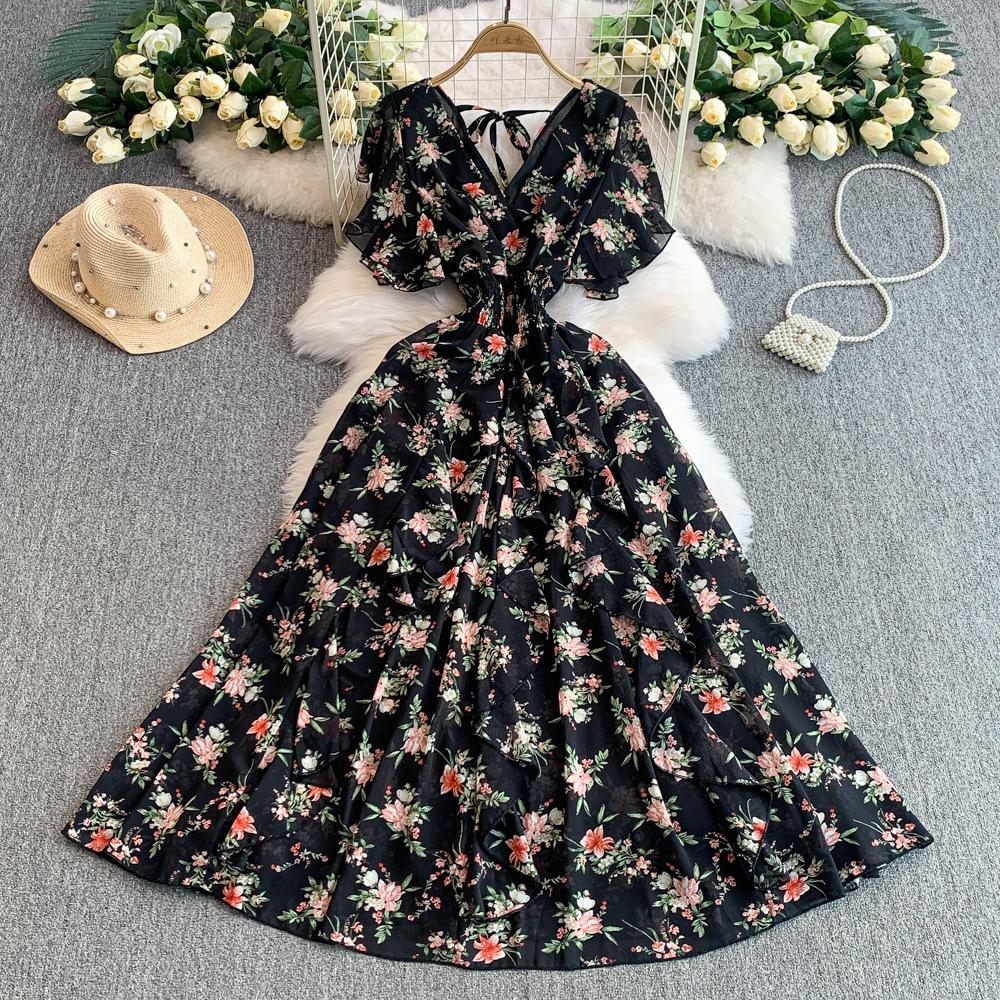 French Retro Coffee Break Floral V-neck Short-sleeved Dress for Women's Summer Waist and Thin Ruffle Edge Big Swing Long Skirt