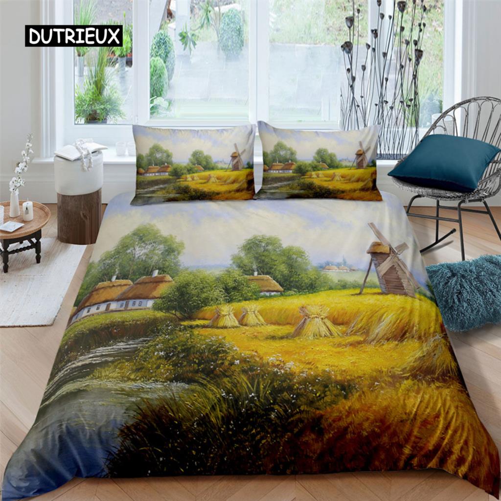 Oil Painting Landscape King Dimension Queen Size Bedspread Cover Natural Scenery Sleep Bedding Collection Teen Adult Floral Ocean Building Heavy-duty