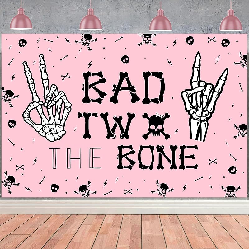 Bad Two The Bone Backdrop Banner Birthday Decorations for Girls Skeleton Theme 2nd Birthday Decorations Pink Black Music Themed Rock and Roll 2nd 5*3ft
