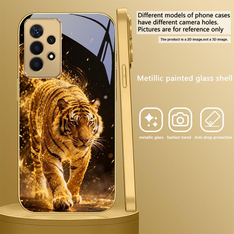 The Tiger of Strength For Samsung A 01 52S A04 A05S A10 A12 A13 22 23 24 36 42 M02 Note 10 20Ultra 8 9 Golden Glass Phone Case