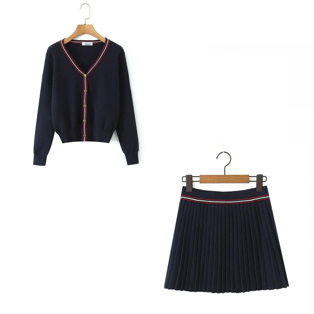 European and American style new women's fashionable -style long-sleeve knit cardigan pleated skirt set